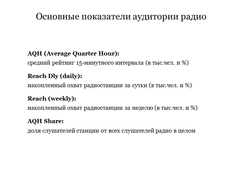 AQH (Average Quarter Hour): средний рейтинг 15-минутного интервала (в тыс.чел. и %)  Reach